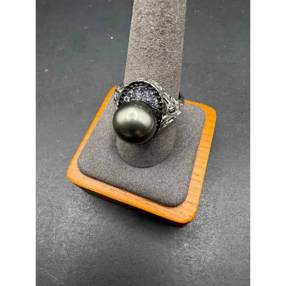 Ornate Black Pearl Ring Sterling Silver 925 Filigree Purple Black Spinel Sz 10.2